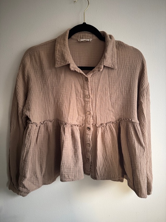 Altar'd State Tops - Altar’d State Gauze Cotton Peplum Top Size S Button Front Taupe